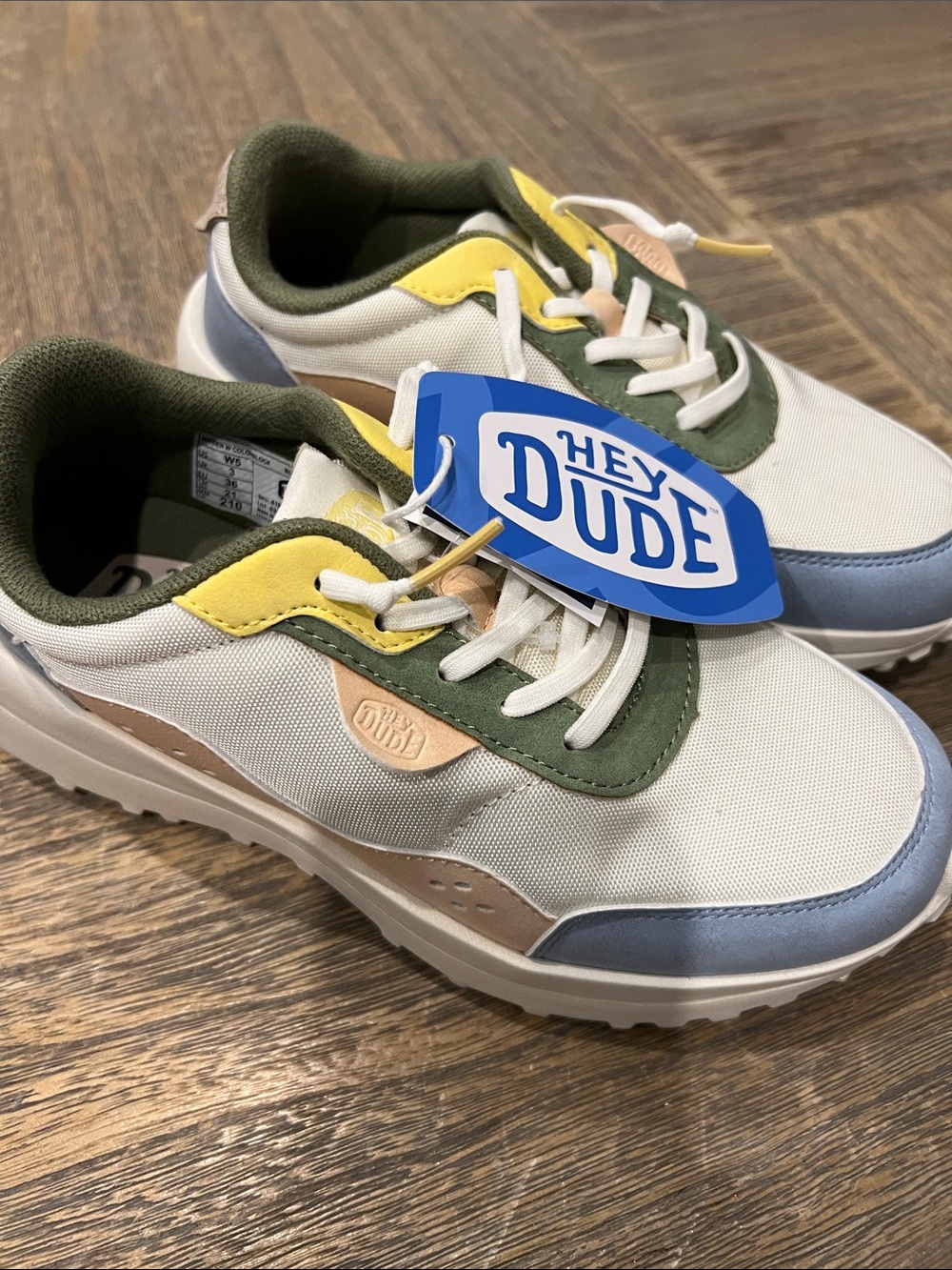 NWT Hey Dude Womens Cream Sneakers with Green, Yellow & Blue Accents
